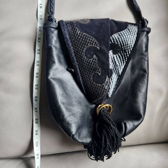 Vintage 80s black purse snakeskin suede leather gold tassel Rene Barkett